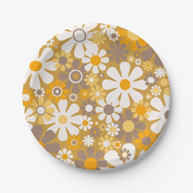 Groovy Retro Floral 60s 70s Pattern Paper Plate (Front)