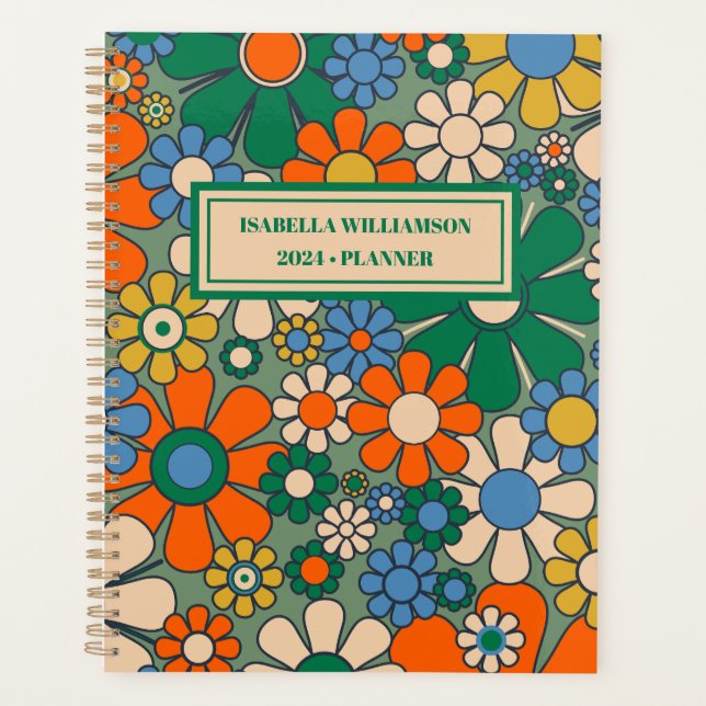 Groovy Retro Floral 60s 70s Pattern Personalised Planner (Front)