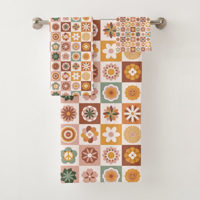 Groovy Retro Floral Check Bath Towel Set (Insitu)