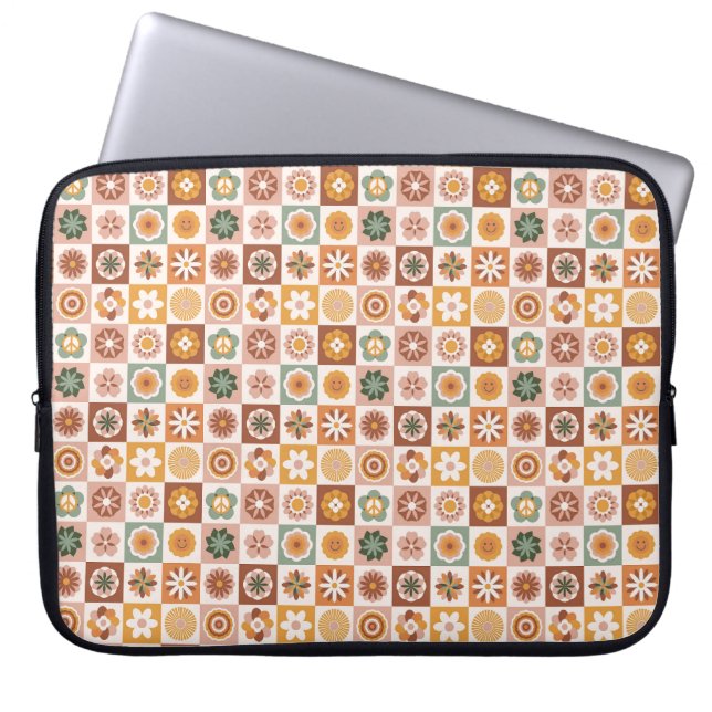 Groovy Retro Floral Checked Laptop Sleeve (Front)