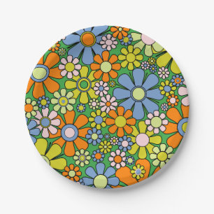 Groovy Retro Floral Colourful 60s 70s Pattern Paper Plate