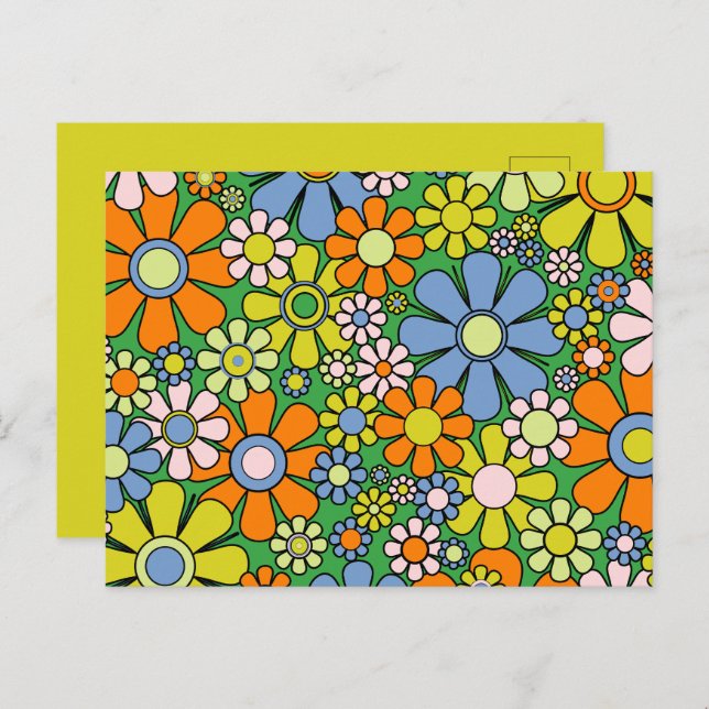 Groovy Retro Floral Colourful 60s 70s Pattern  Postcard (Front/Back)