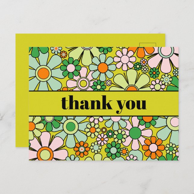 Groovy Retro Floral Colourful 60s 70s Thank You Postcard (Front/Back)
