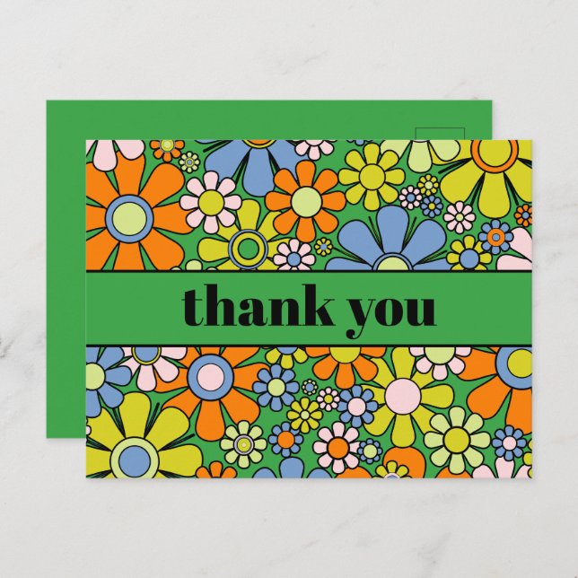 Groovy Retro Floral Colourful 60s 70s Thank You Postcard (Front/Back)