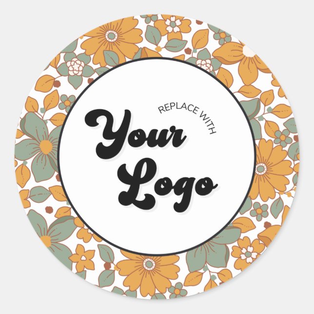 Groovy Retro Floral & Custom Business Logo Hippie  Classic Round Sticker (Front)
