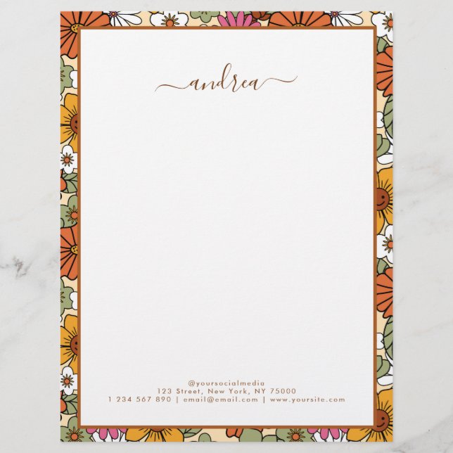 Groovy Retro Floral & Custom Business Script Name Custom Letterhead (Front)