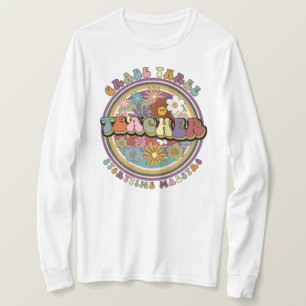 Groovy Retro Floral Daisy Grade Three Teacher Name T-Shirt