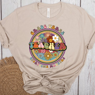 Groovy Retro Floral Daisy Grade Three Teacher Name T-Shirt