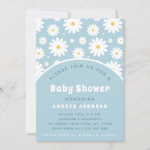 Groovy Retro Floral Dusty Blue Daisy Baby Shower Invitation