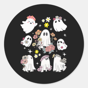 Groovy Retro Floral Ghost Hippie Cute Halloween Sp Classic Round Sticker