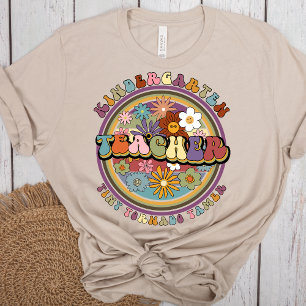 Groovy Retro Floral Kindergarten Teacher Name T-Shirt