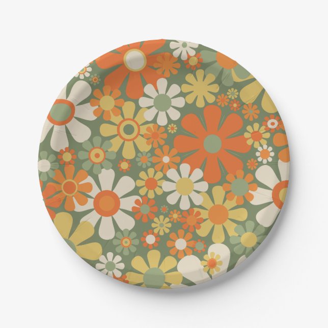 Groovy Retro Floral Pattern 60s 70s Aesthetic Paper Plate (Front)