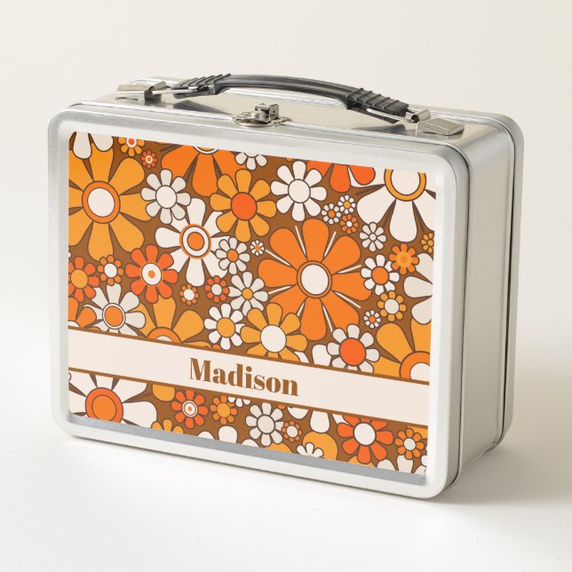 Groovy Retro Floral Pattern 70s Personalised Metal Lunch Box (Front)