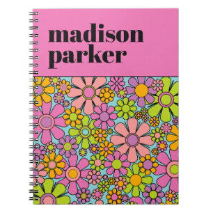 Groovy Retro Floral Personalised 60s Aesthetic Notebook