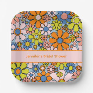 Groovy Retro Floral Personalised Bridal Shower Paper Plate