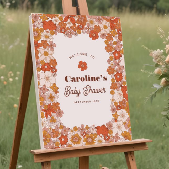 Groovy Retro Floral Pink Orange Baby Shower Sign (Creator Uploaded)