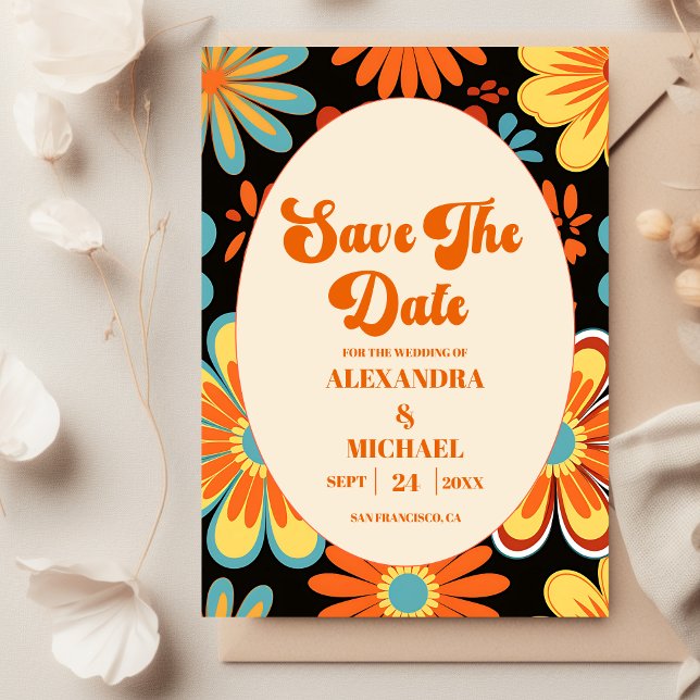 Groovy Retro Floral Wedding  Save The Date (Creator Uploaded)