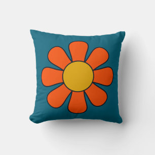 Groovy Retro Flower Blue Orange 70s Floral Cushion