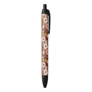 Groovy Retro Flower Garden Pattern Black Ink Pen