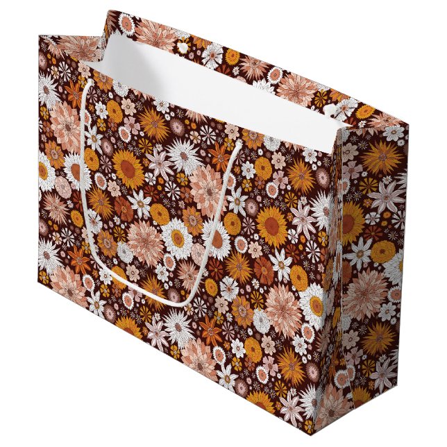 Groovy Retro Flower Garden Pattern Large Gift Bag (Front Angled)