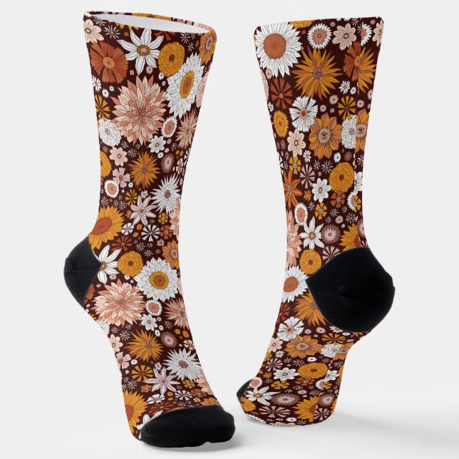 Groovy Retro Flower Garden Pattern Socks (Angled)