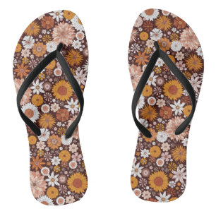 Groovy Retro Flower Garden Pattern Thongs