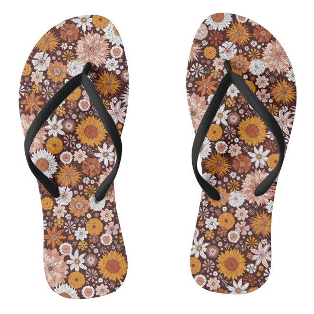 Groovy Retro Flower Garden Pattern Thongs (Footbed)