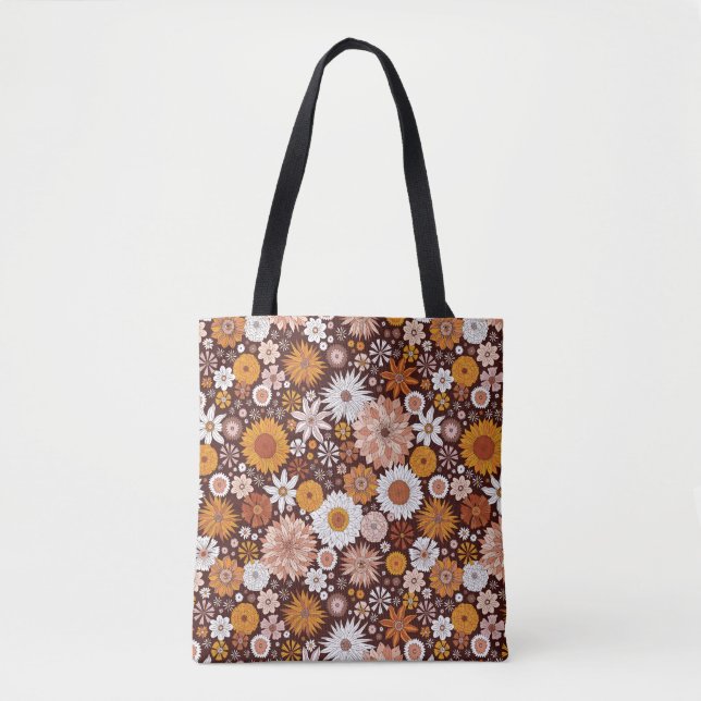 Groovy Retro Flower Garden Pattern Tote Bag (Front)