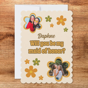 Groovy Retro Flowers Maid of Honor Proposal Photo Card