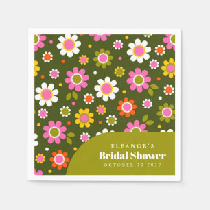 Groovy Retro Flowers Olive Bridal Shower Custom Na Napkin