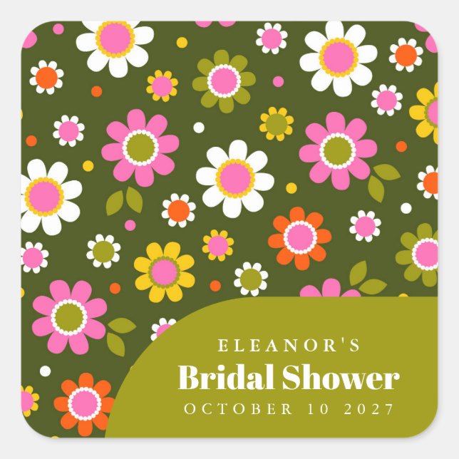 Groovy Retro Flowers Olive Bridal Shower Custom Square Sticker (Front)