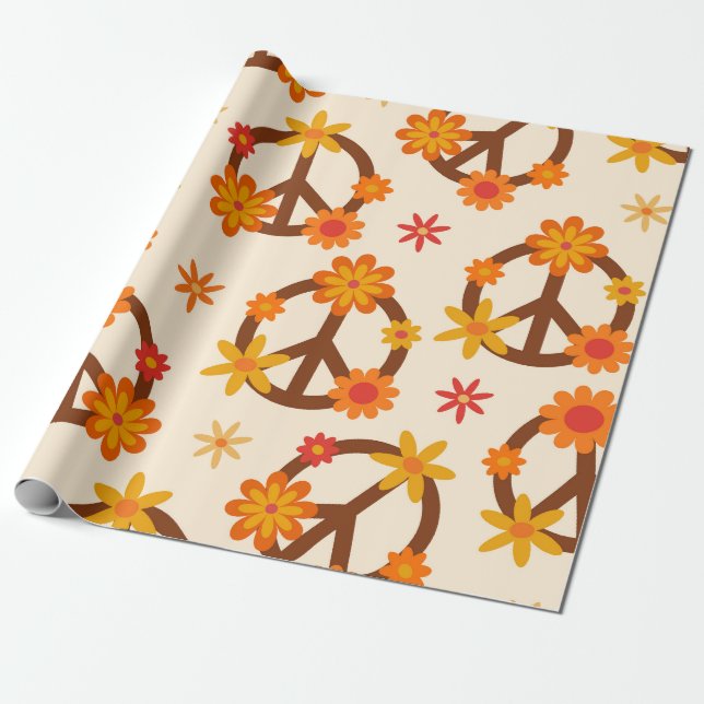 Groovy Retro Flowers on Peace and Love Signs  Wrapping Paper (Unrolled)
