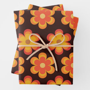Groovy retro flowers pattern orange and yellow   wrapping paper sheet