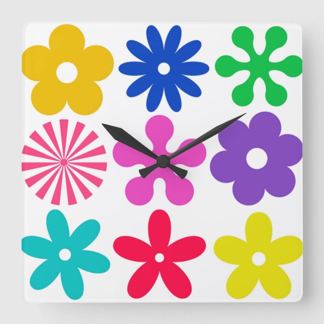 GROOVY RETRO FLOWERS SQUARE WALL CLOCK (Front)
