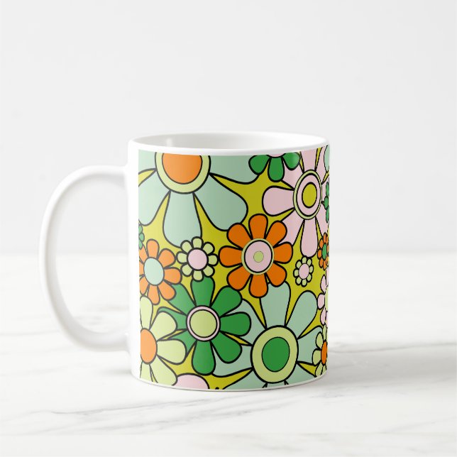 Groovy Retro Garden 60s 70s Spring Floral Pattern Coffee Mug (Left)