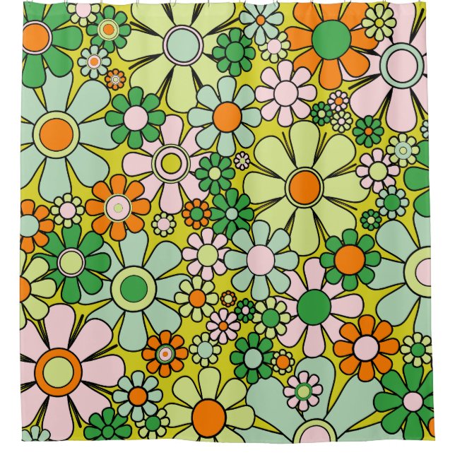 Groovy Retro Garden 60s 70s Spring Floral Pattern Shower Curtain (Front)