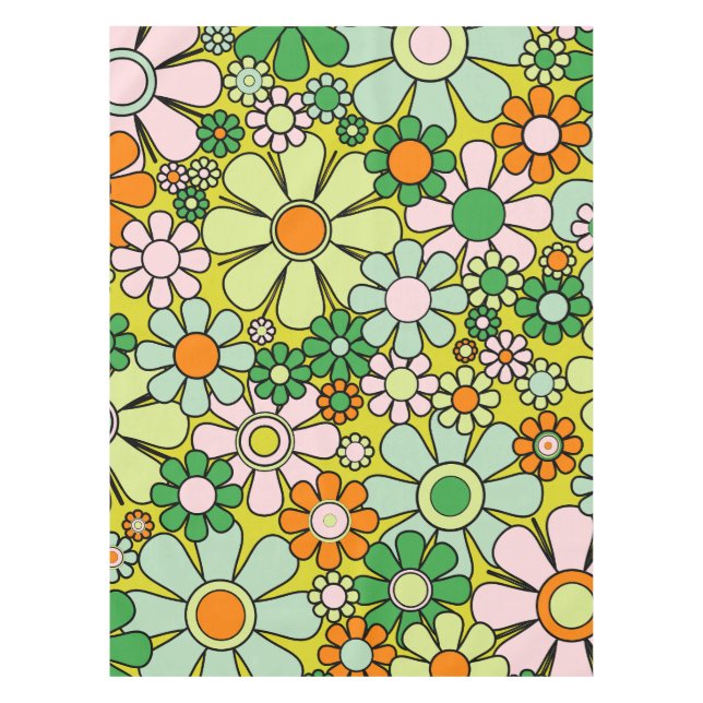 Groovy Retro Garden 60s 70s Spring Floral Pattern Tablecloth (Front)