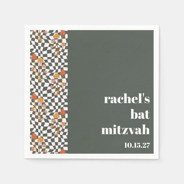 Groovy Retro Green Mushrooms Custom Bat Mitzvah  Napkin (Front)