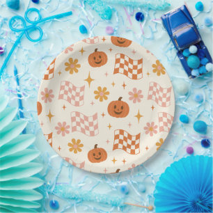 Groovy Retro Halloween Chequerboard Paper Plates
