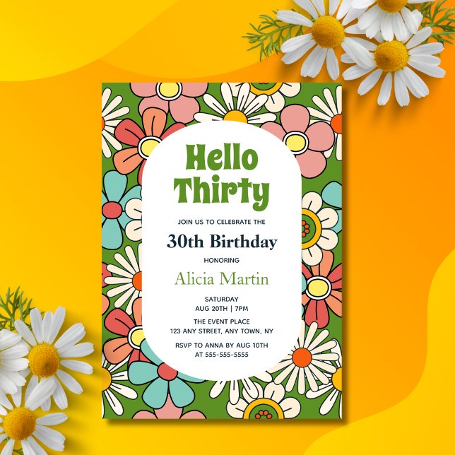 Groovy Retro Hippie Flower Hello Thirty Birthday Invitation (Creator Uploaded)