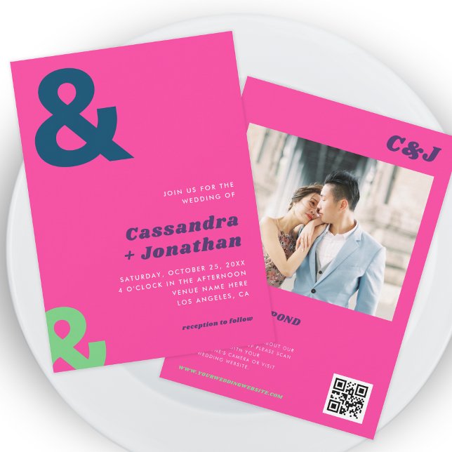 Groovy Retro Hot Pink Ampersand QR Code Wedding    Invitation (Creator Uploaded)