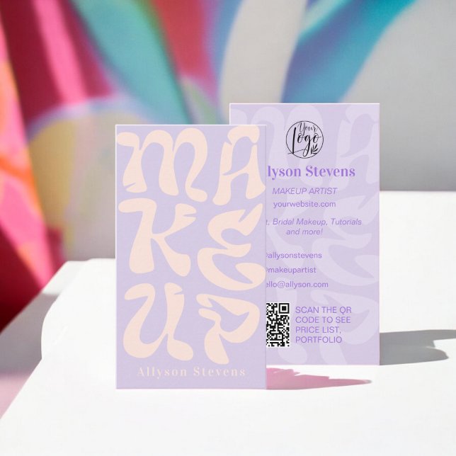 Groovy retro lavender logo qr code Makeup Business Card (Groovy retro lavender logo qr code Makeup Business Card)