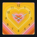 Groovy Retro Layered Heart     Square Wall Clock<br><div class="desc">Retro heart burst design. Heart layers in orange,  yellow,  pink. Groovy retro heart gifts,  home decor.</div>