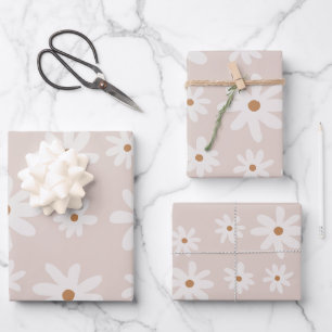 Groovy Retro Light Brown Daisy Floral Wrapping Paper Sheet