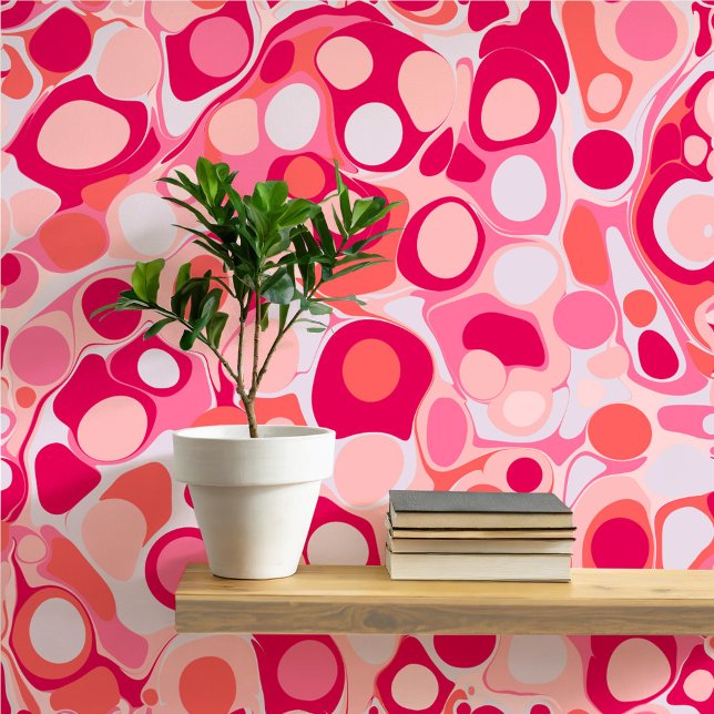 Groovy Retro Marbled Pink Ink Drops Wallpaper (Fun retro groovy liquid ink drop marbled pink peel and stick art wallpaper)