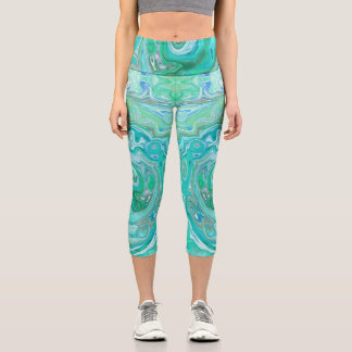 Groovy Retro Mint Green and Blue Swirl Capri Leggings