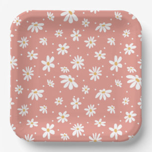 Groovy Retro Mod Hippie 60s 70s Daisy Flowers Pink Paper Plate