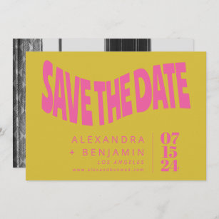 Groovy Retro Mod Unique Pink Yellow Photo Save The Date