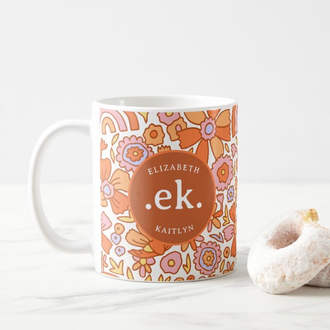 Groovy Retro Monogram Orange  Coffee Mug (With Donut)