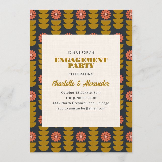 Groovy Retro Navy Blue Botanical Engagement Party  Invitation (Front)